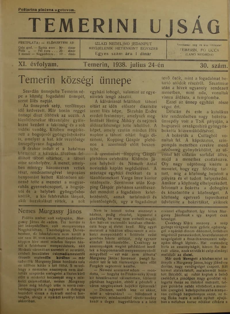 Temerini Újság 1928-1944, 11. évf. 1938. július 24. 30. sz.