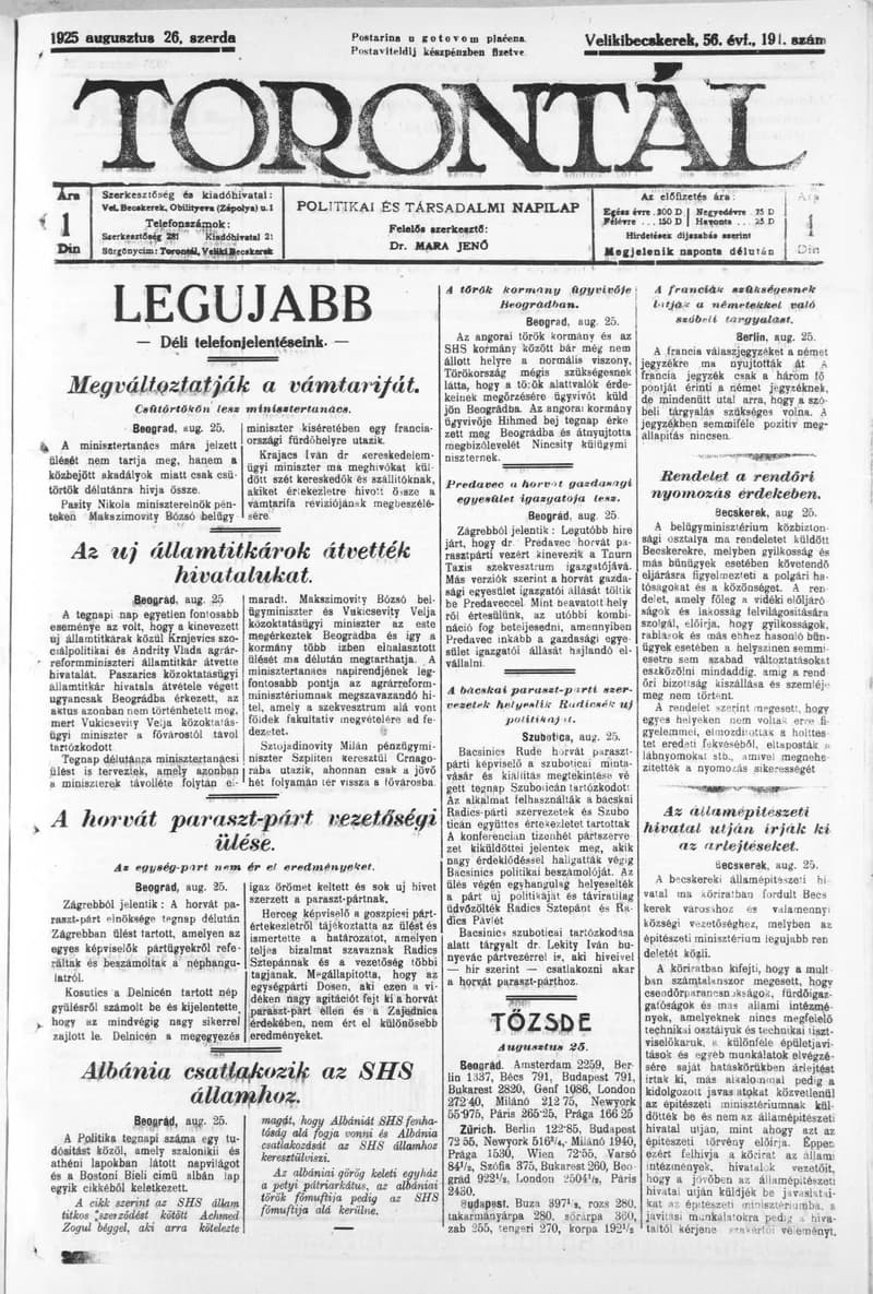 Torontál 1925. augusztus 26. 191. sz.