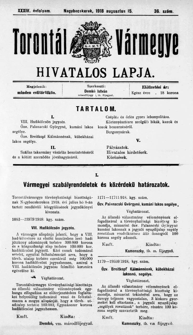 Torontál Vármegye Hivatalos Lapja, 34. évf. 1918. augusztus 15. 36. sz.