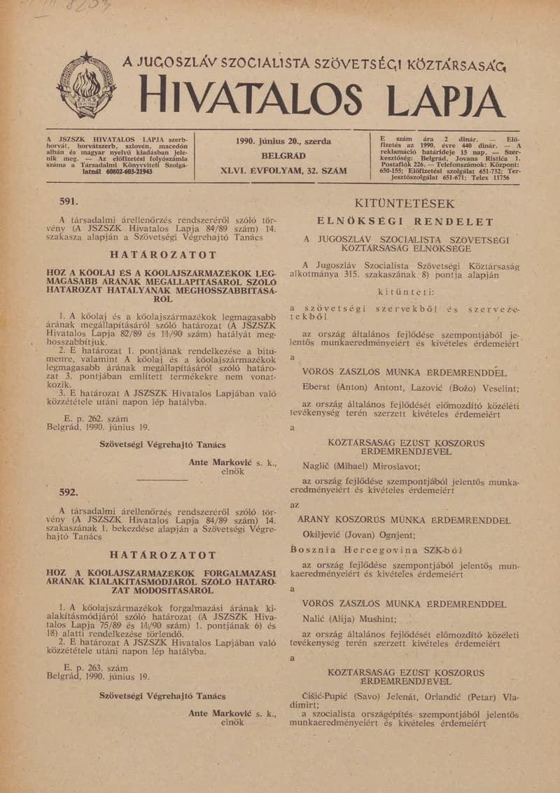 A Jugoszláv Szocialista Szövetségi Köztársaság Hivatalos Lapja, 46. évf. 1990. június 20. 32. sz. 1097–1100. oldal