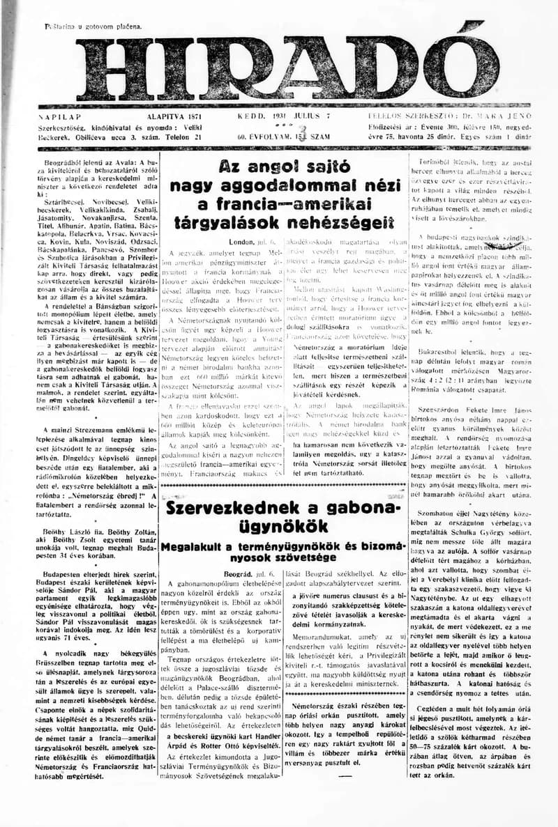 Híradó, 60. évf. 1931. július 7. 153. sz.