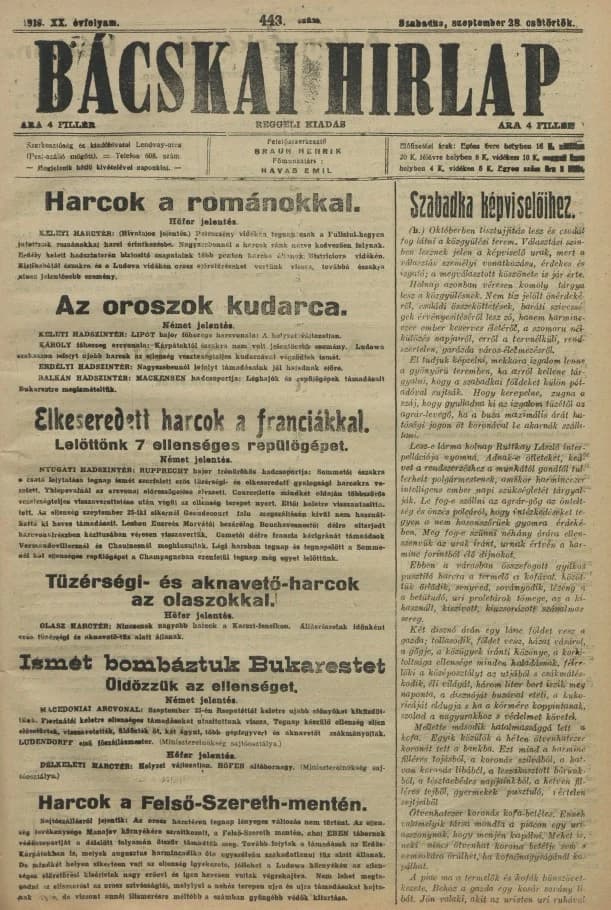 Bácskai Hirlap, 20. évf. 1916. szeptember 28. 443. sz.