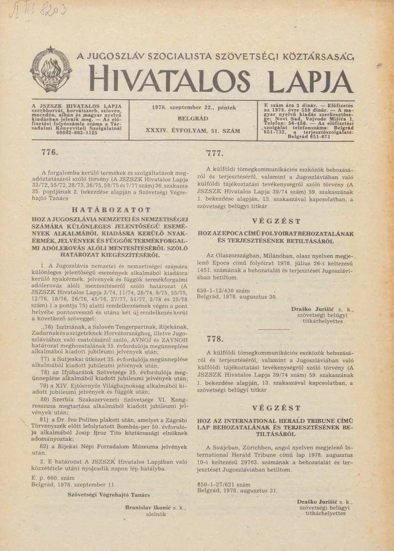 A Jugoszláv Szocialista Szövetségi Köztársaság Hivatalos Lapja, 34. évf. 1978. szeptember 22. 51. sz. 2173–2180. oldal