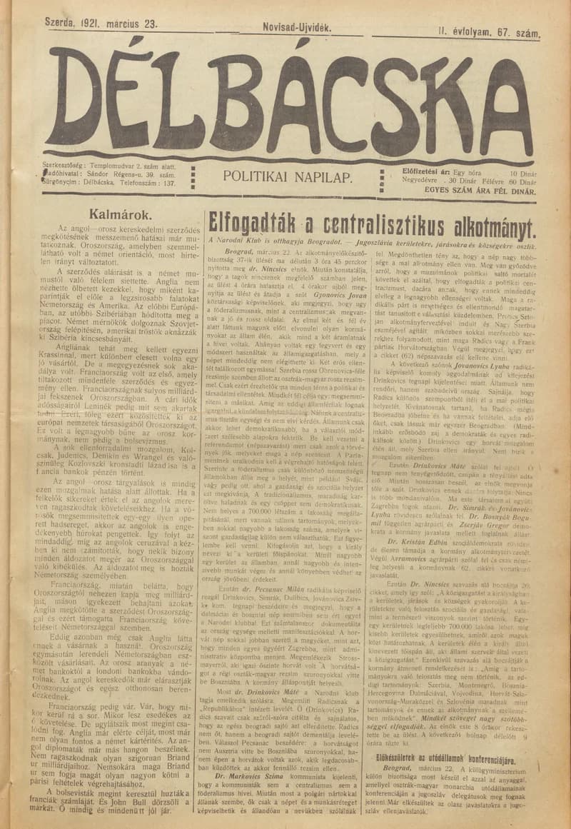 Délbácska, 2. évf. 1921. március 23. 67. sz.