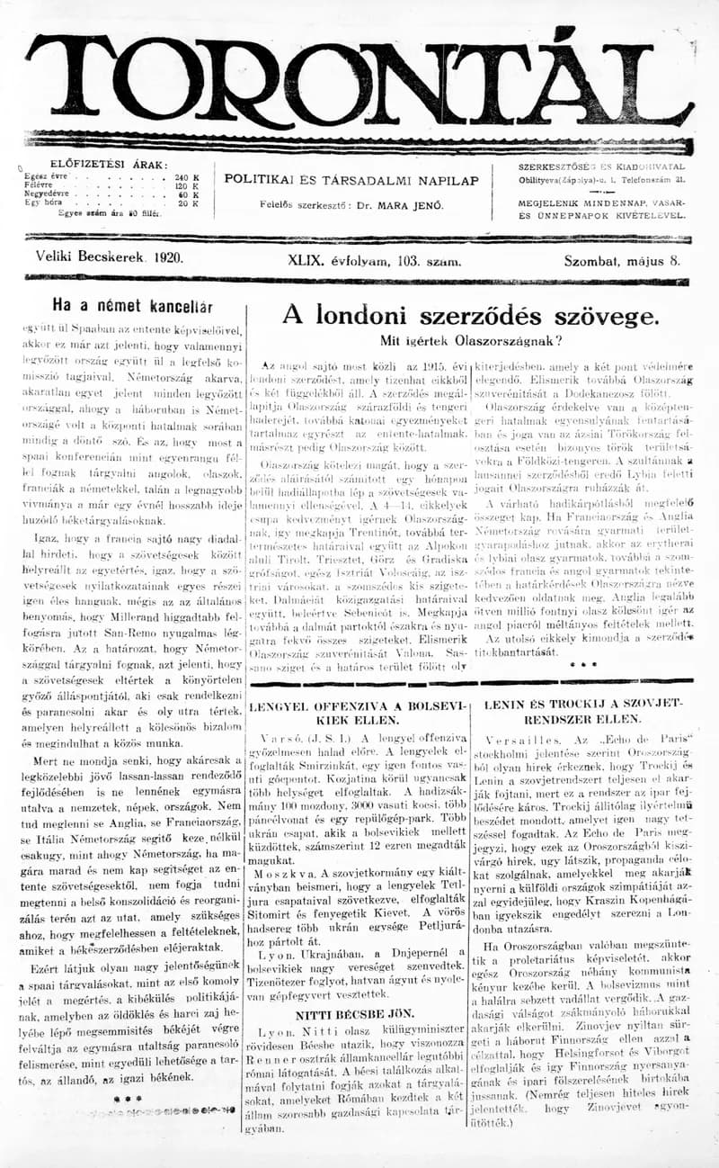 Torontál, 49. évf. 1920. május 8. 103. sz.