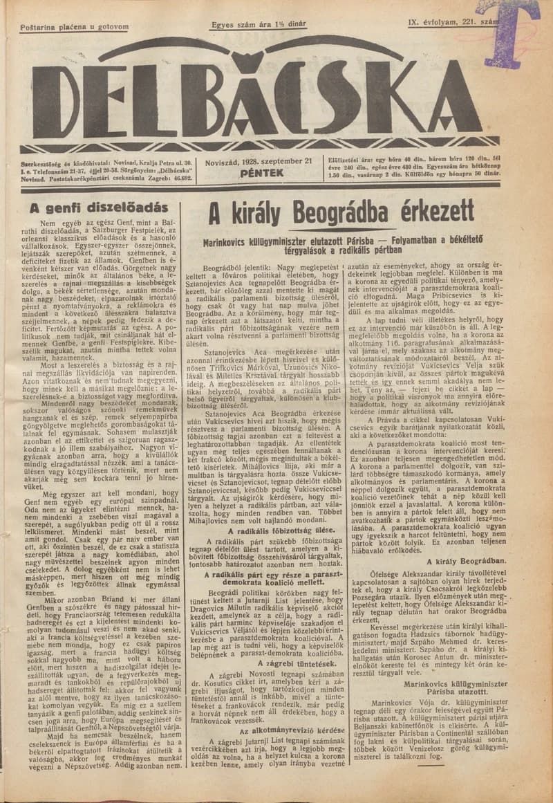 Délbácska, 9. évf. 1928. szeptember 21. 221. sz.