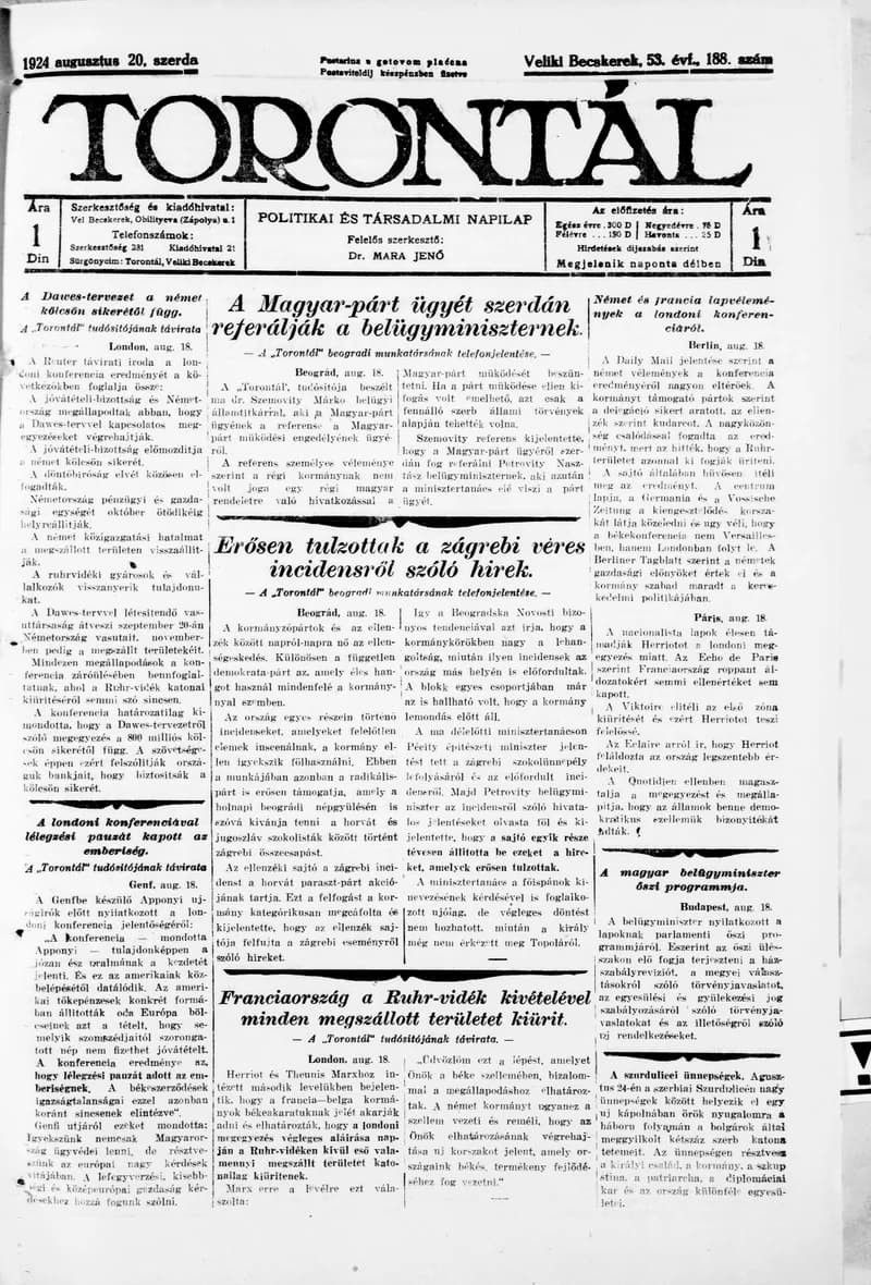 Torontál 1924. augusztus 20. 188. sz.