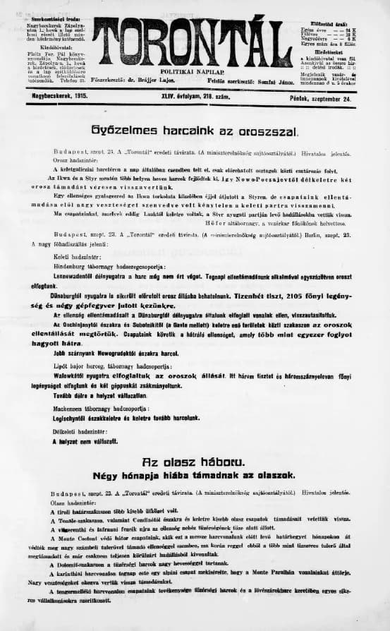 Torontál, 44. évf. 1915. szeptember 24. 218. sz.