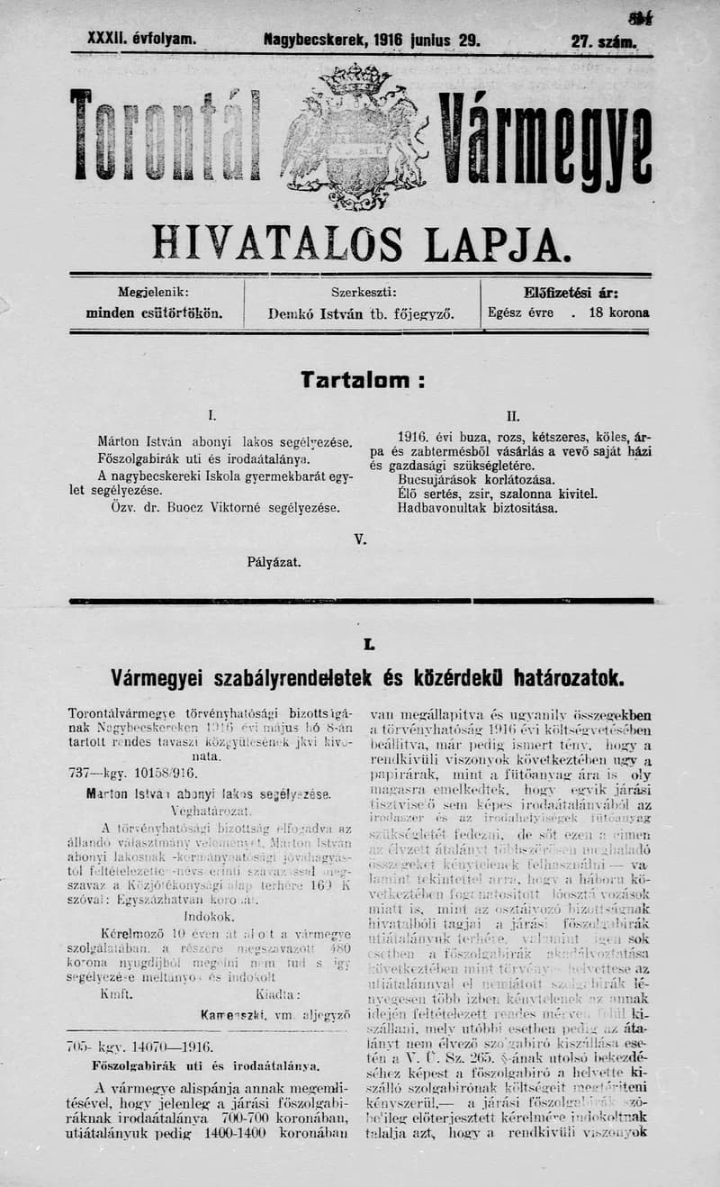 Torontál Vármegye Hivatalos Lapja, 32. évf. 1916. június 29. 27. sz.