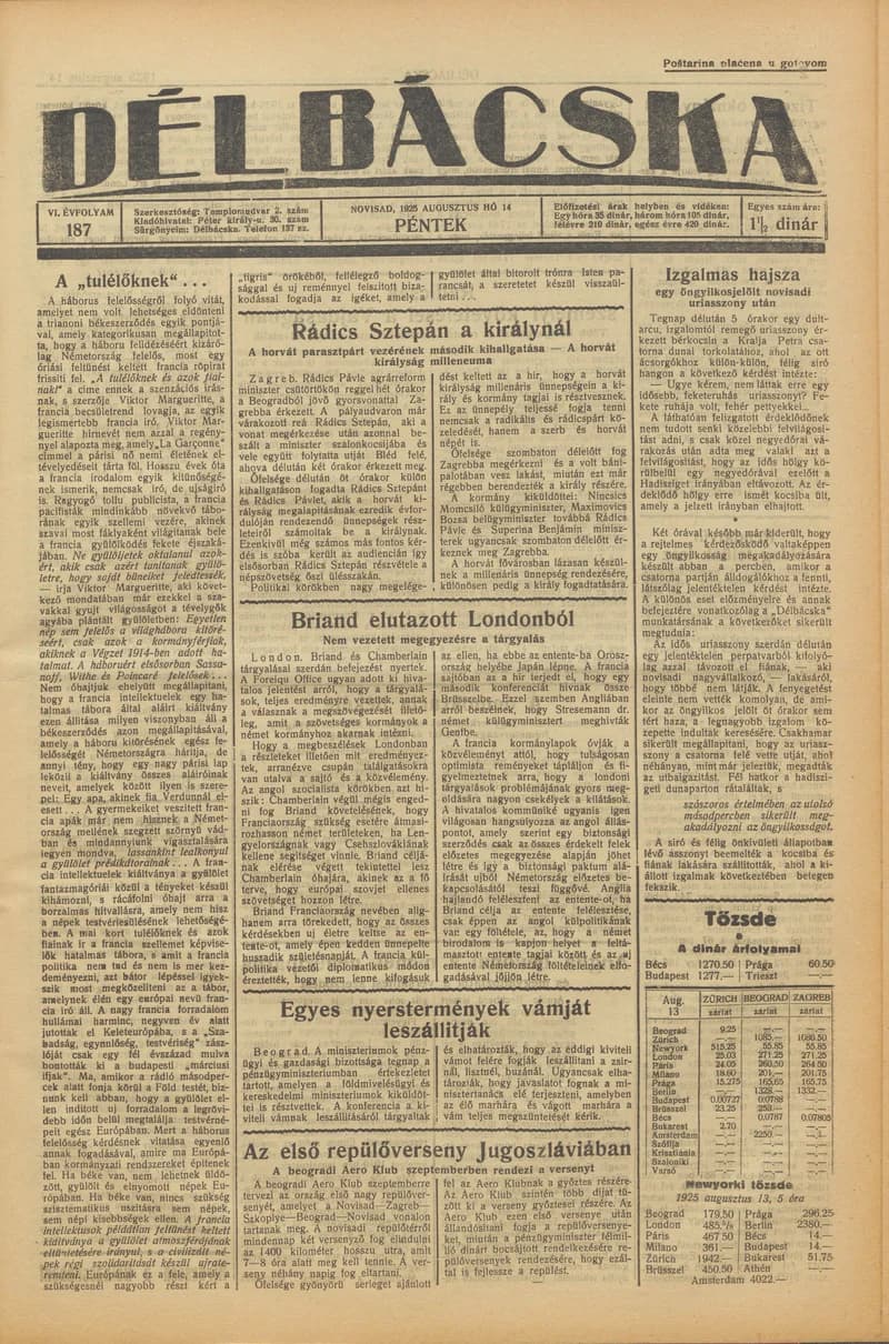 Délbácska, 6. évf. 1925. augusztus 14. 187. sz.