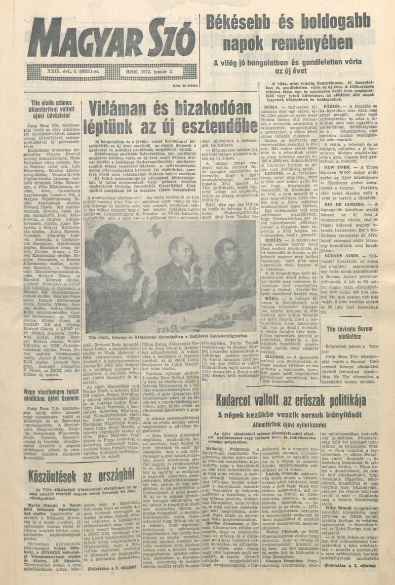 Magyar Szó, 29. évf. 1972. január 3. 1. sz. 1–8. oldal