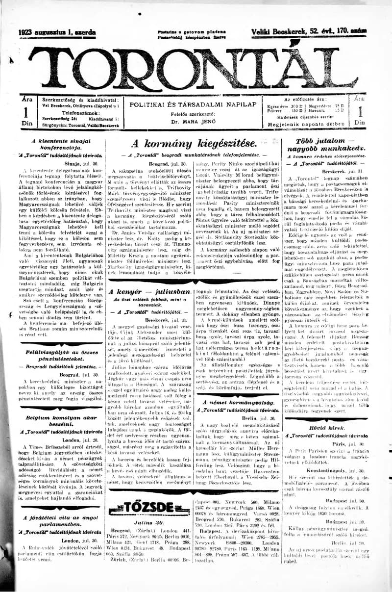 Torontál, 52. évf. 1923. augusztus 1. 170. sz.