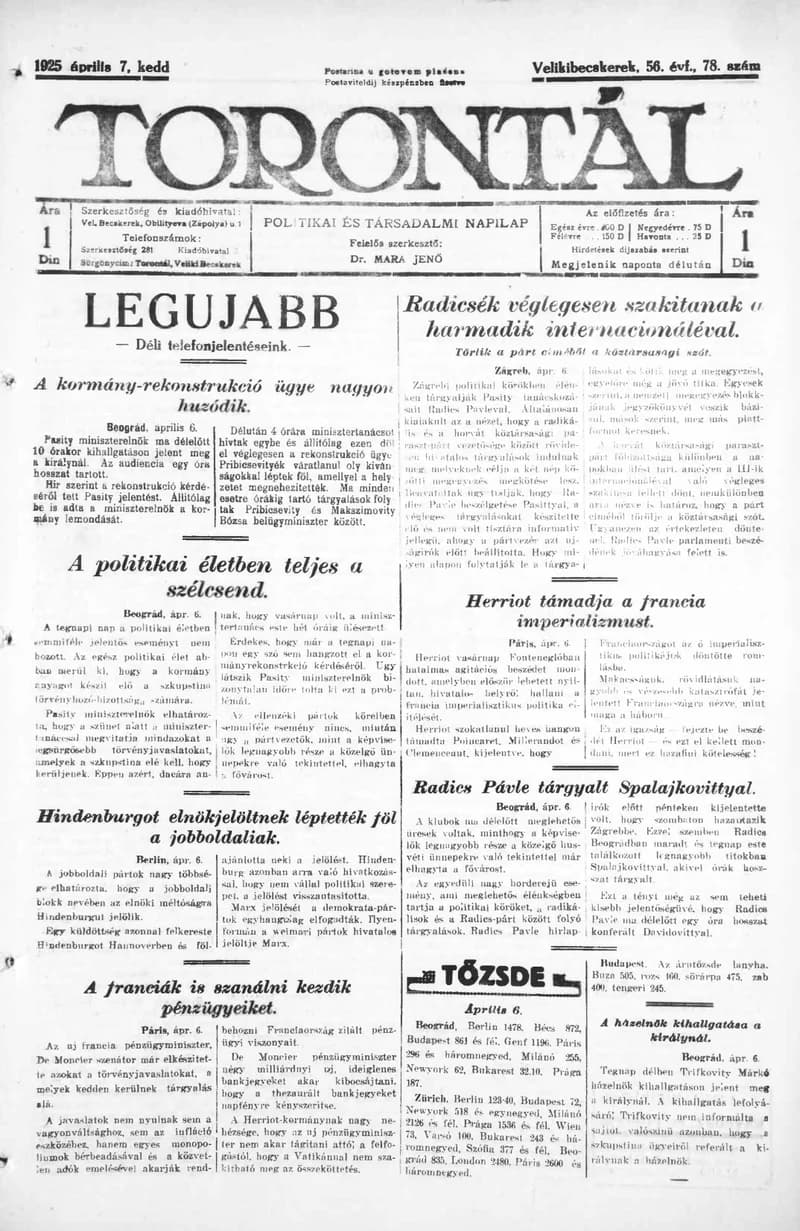 Torontál, 54. évf. 1925. április 7. 78. sz.