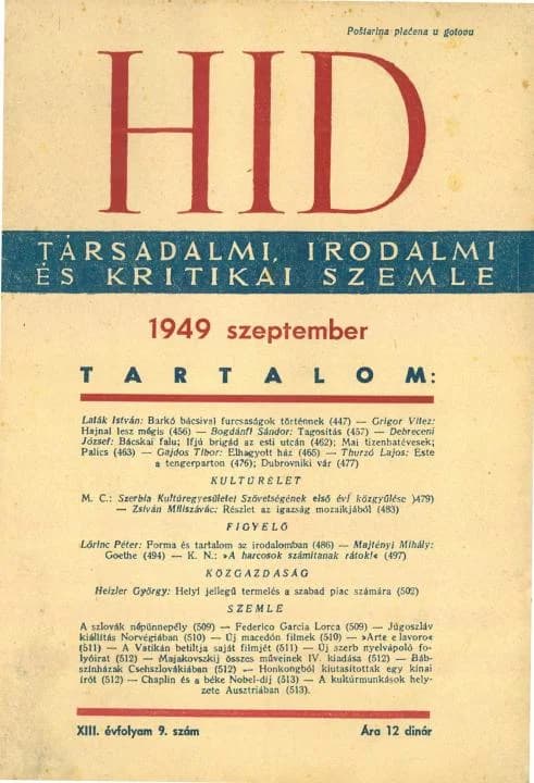 Híd, 13. évf. 1949. szeptember. 9. sz. 447–513. oldal