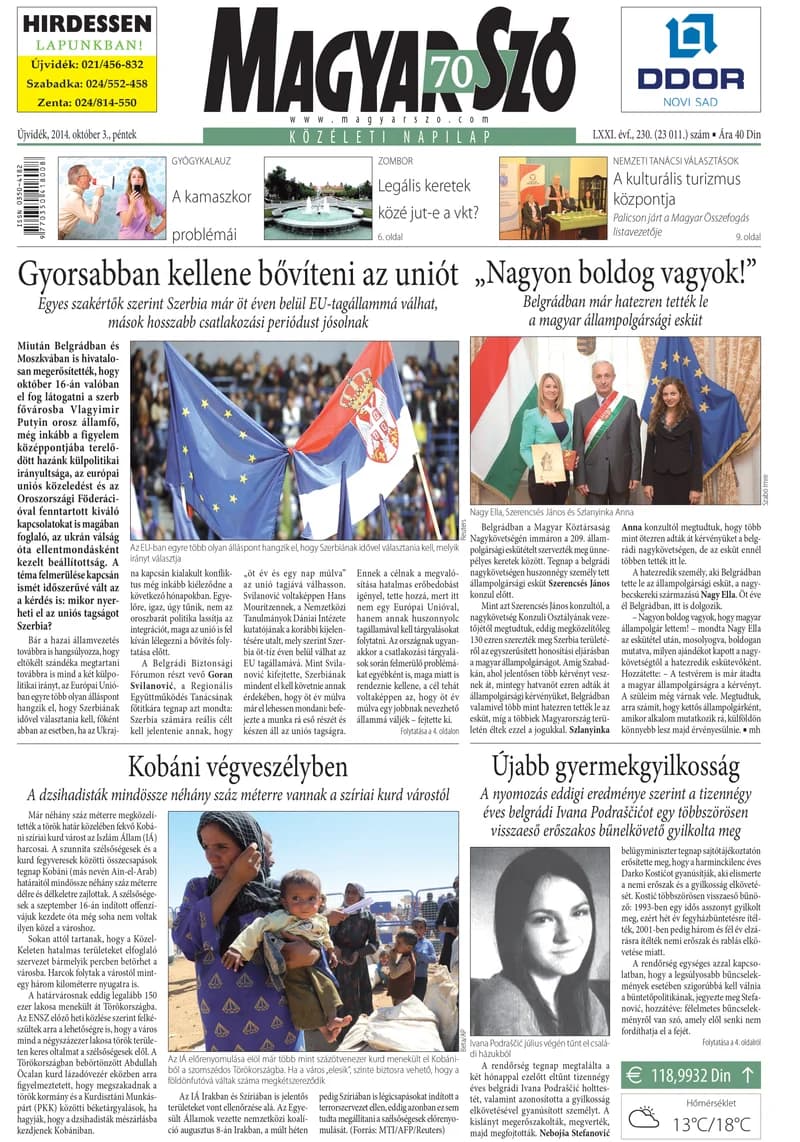 Magyar Szó, 71. évf. 2014. október 3. 230. sz. 1–16. oldal