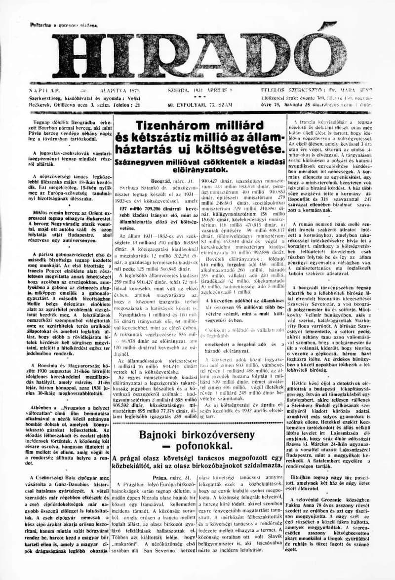 Híradó, 60. évf. 1931. április 1. 75. sz.