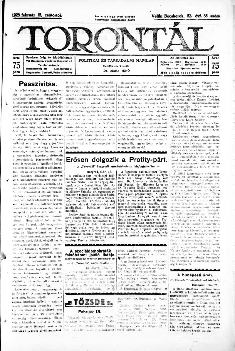 Torontál, 52. évf. 1923. február 15. 36. sz.