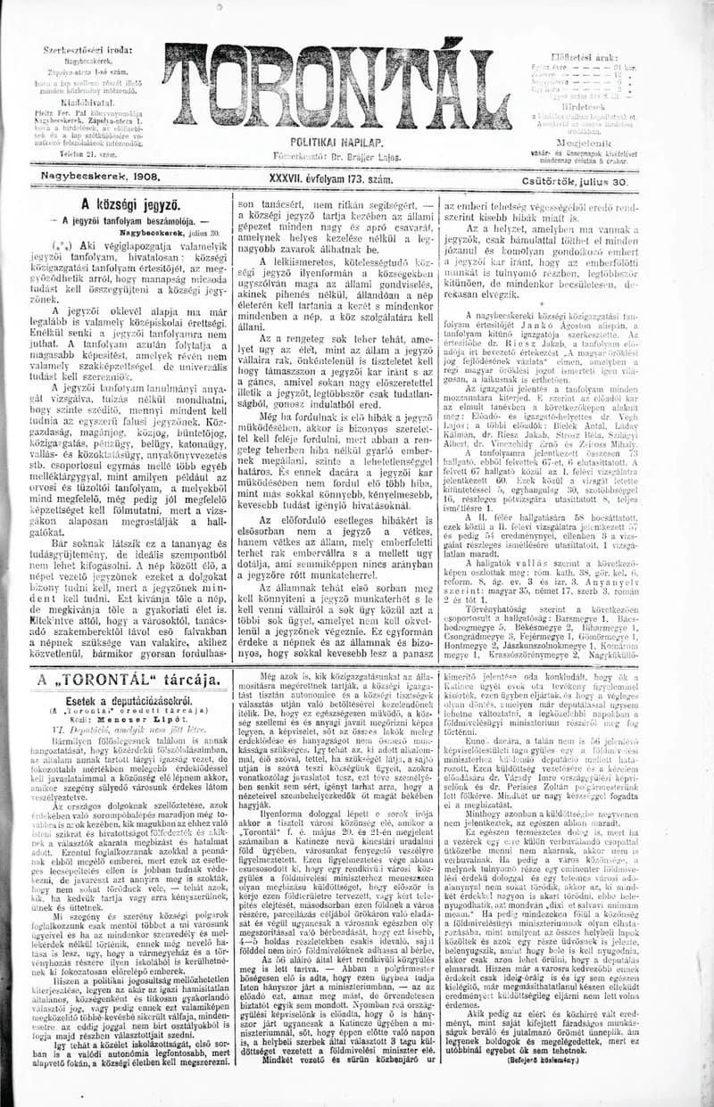 Torontál, 37. évf. 1908. július 30. 173. sz.