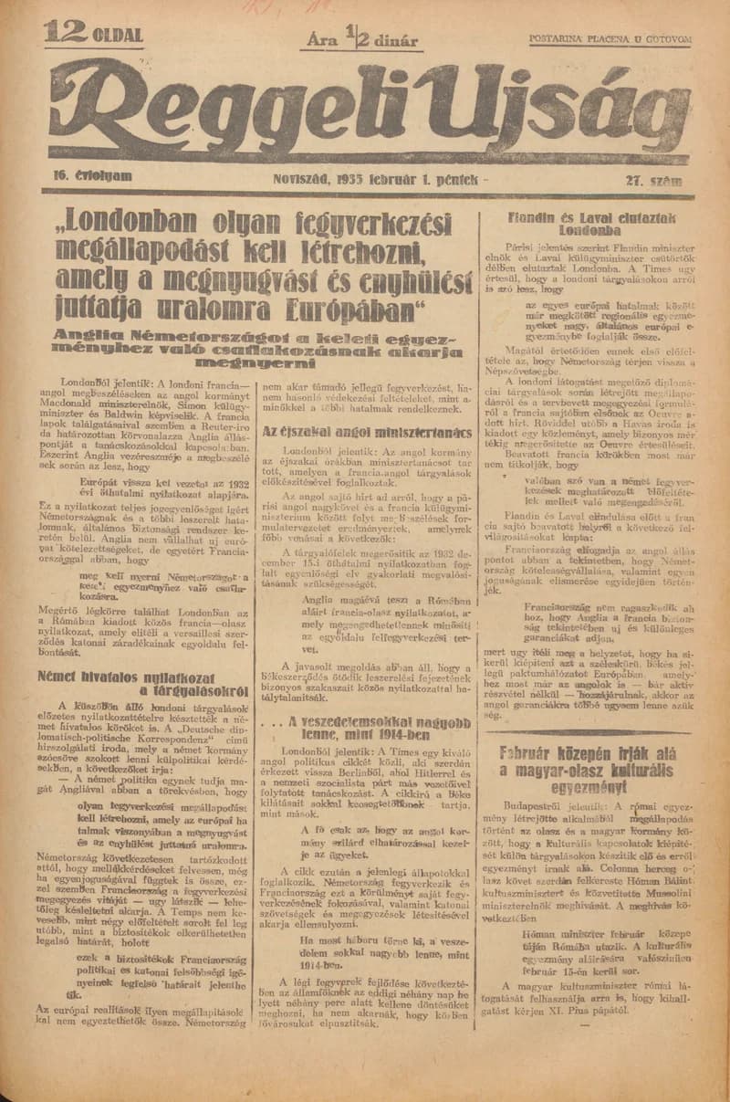 Reggeli Újság, 16. évf. 1935. február 1. 27. sz.