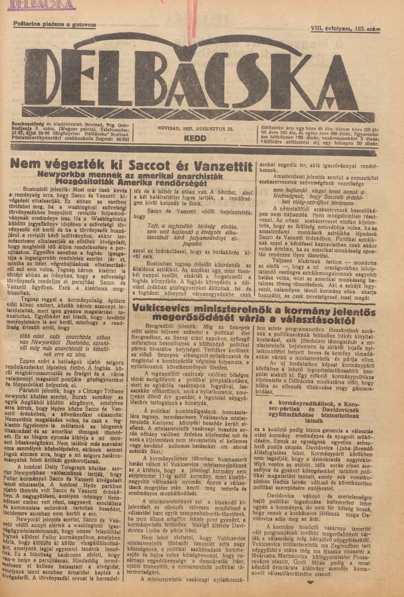 Délbácska, 8. évf. 1927. augusztus 23. 193. sz.