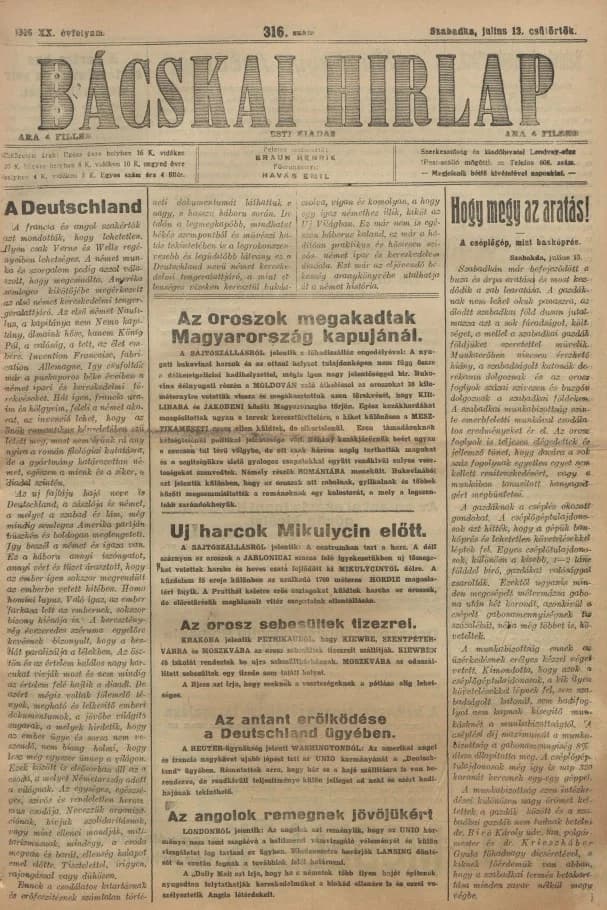 Bácskai Hirlap, 20. évf. 1916. július 13. 316. sz.