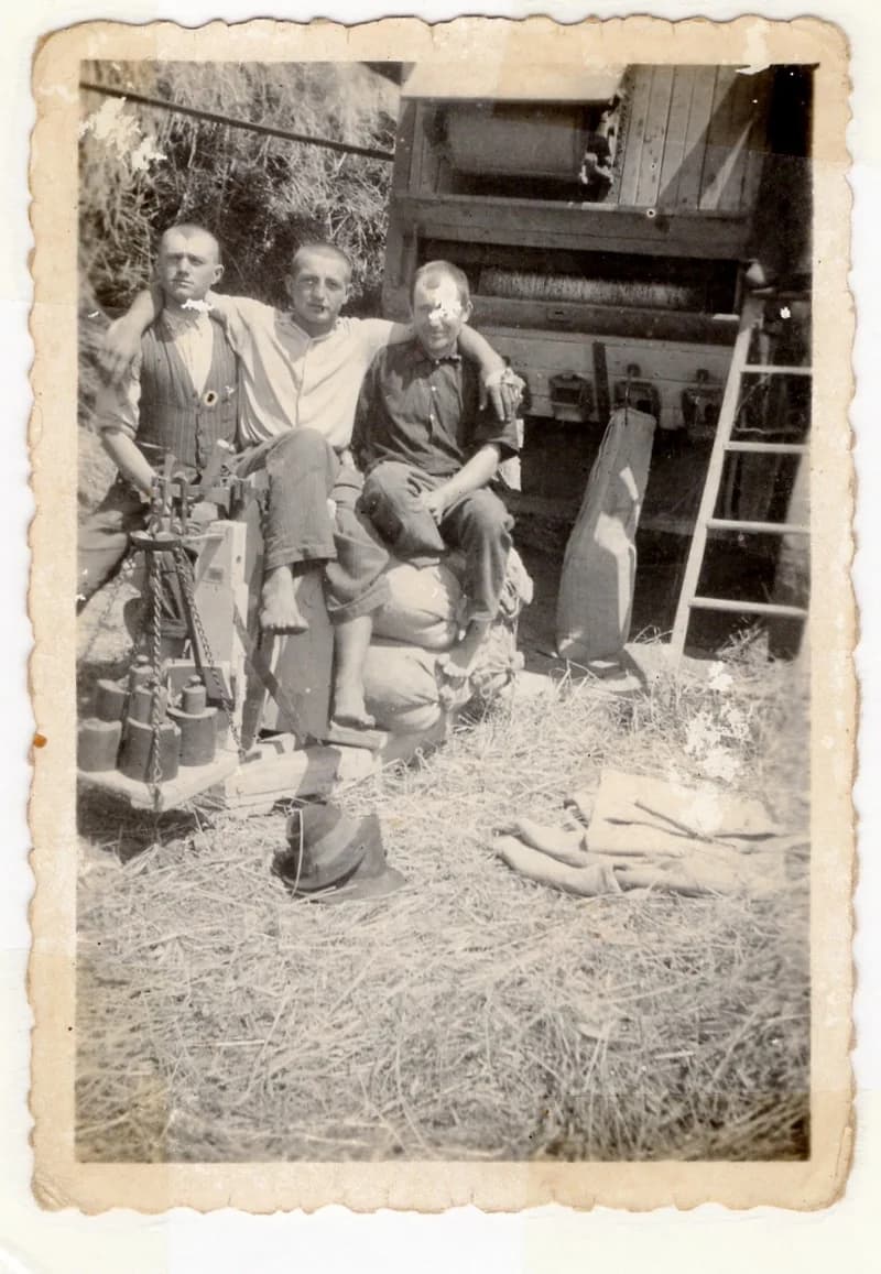 Legények a mázsánál cséplés közben