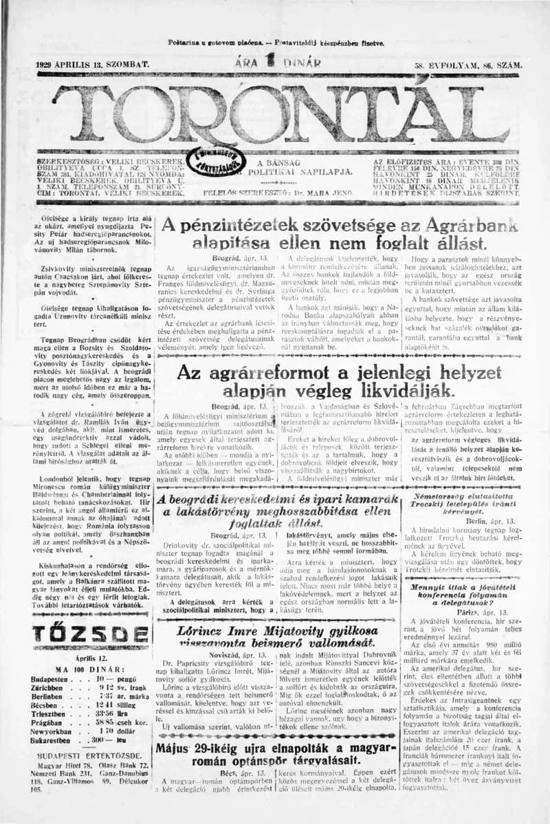 Torontál, 58. évf. 1929. április 13. 86. sz.