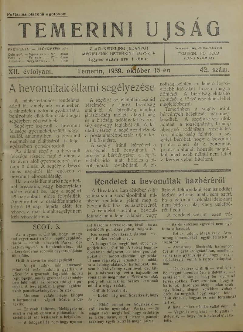 Temerini Újság 1928-1944, 12. évf. 1939. október 15. 42. sz.