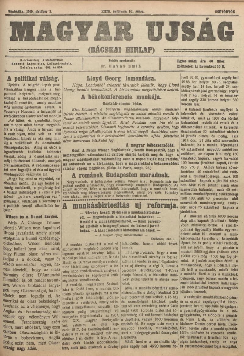Bácskai Hirlap, 23. évf. 1919. október 2. 92. sz.