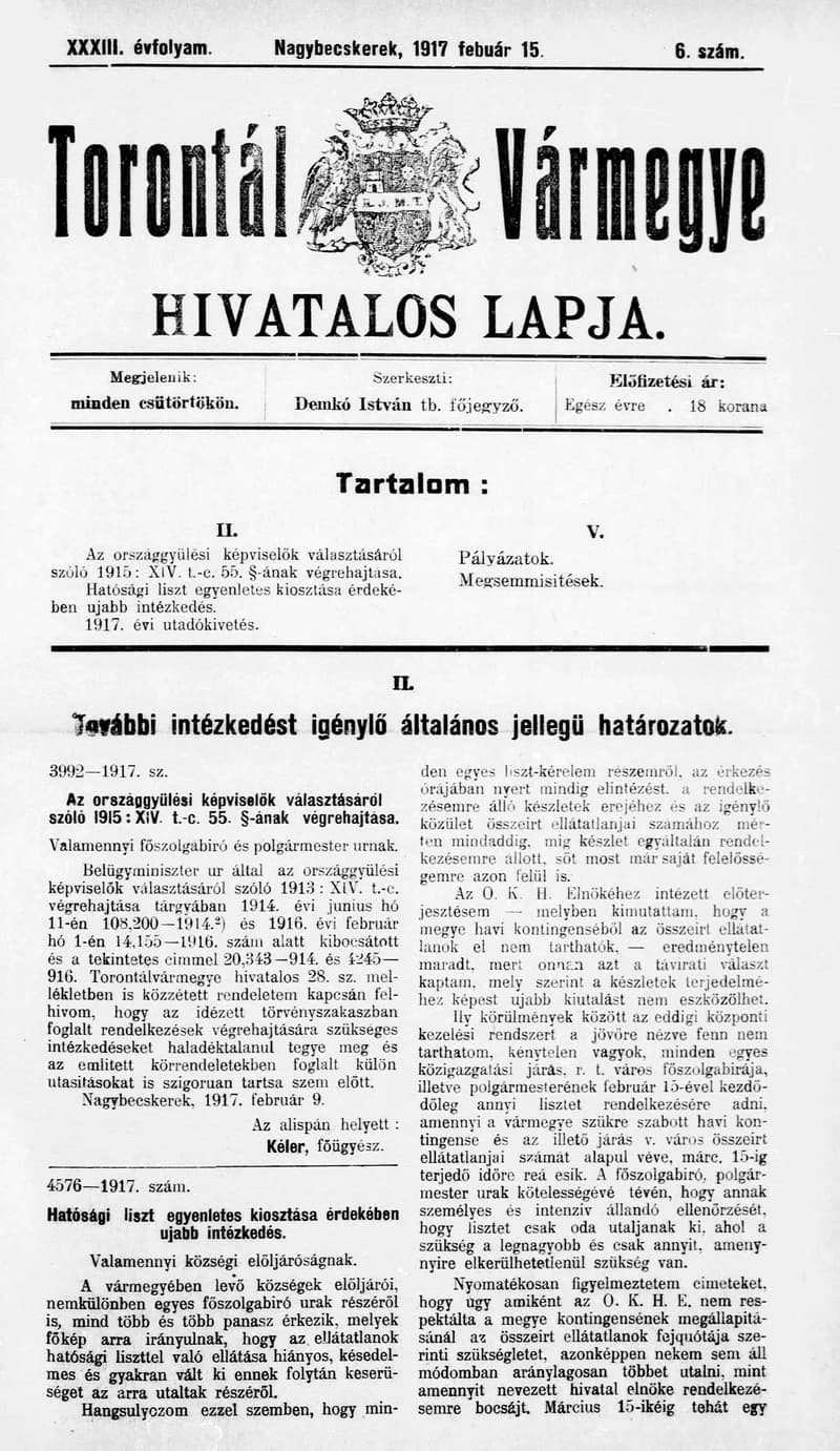 Torontál Vármegye Hivatalos Lapja, 33. évf. 1917. február 15. 6. sz.