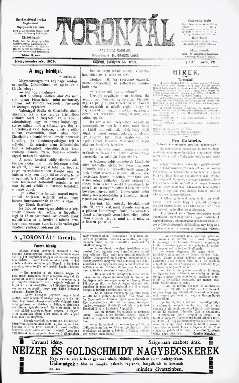 Torontál, 38. évf. 1909. március 22. 66. sz.