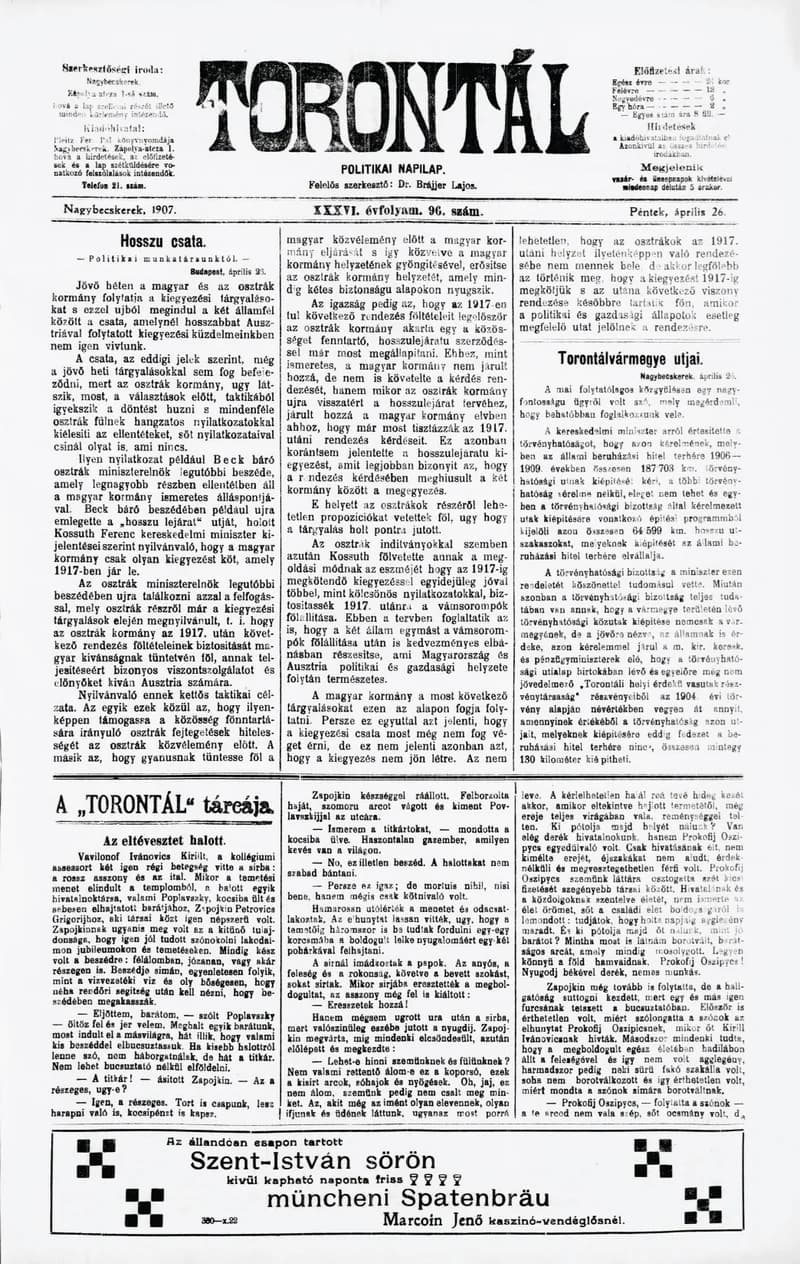 Torontál, 36. évf. 1907. április 26. 96. sz.