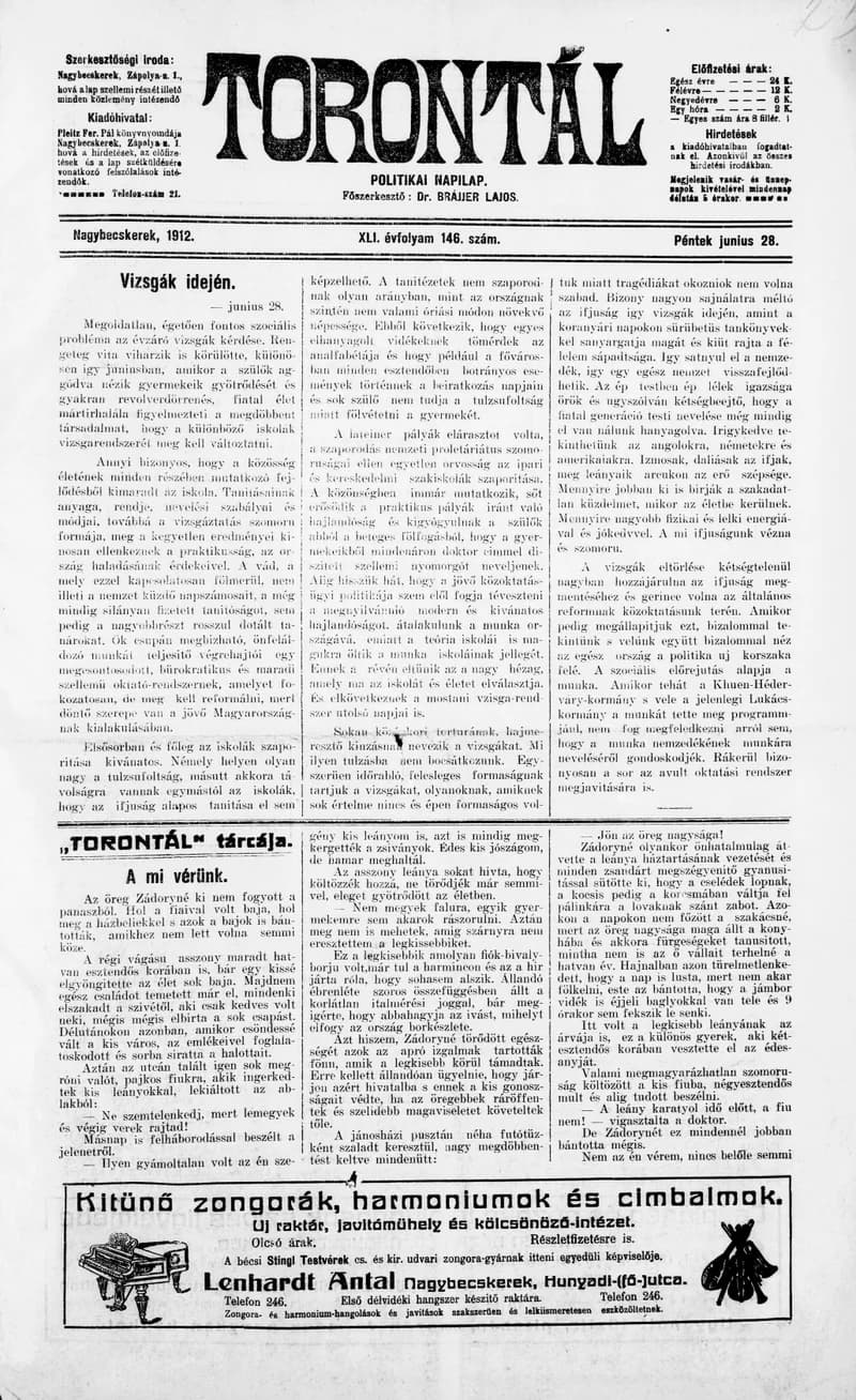 Torontál, 41. évf. 1912. június 28. 146. sz.