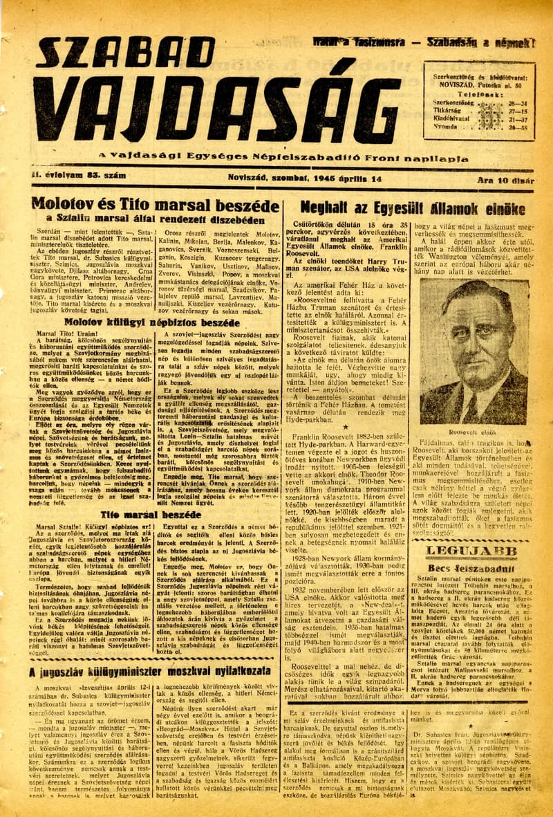 Szabad Vajdaság, 2. évf. 1945. április 14. 83. sz.