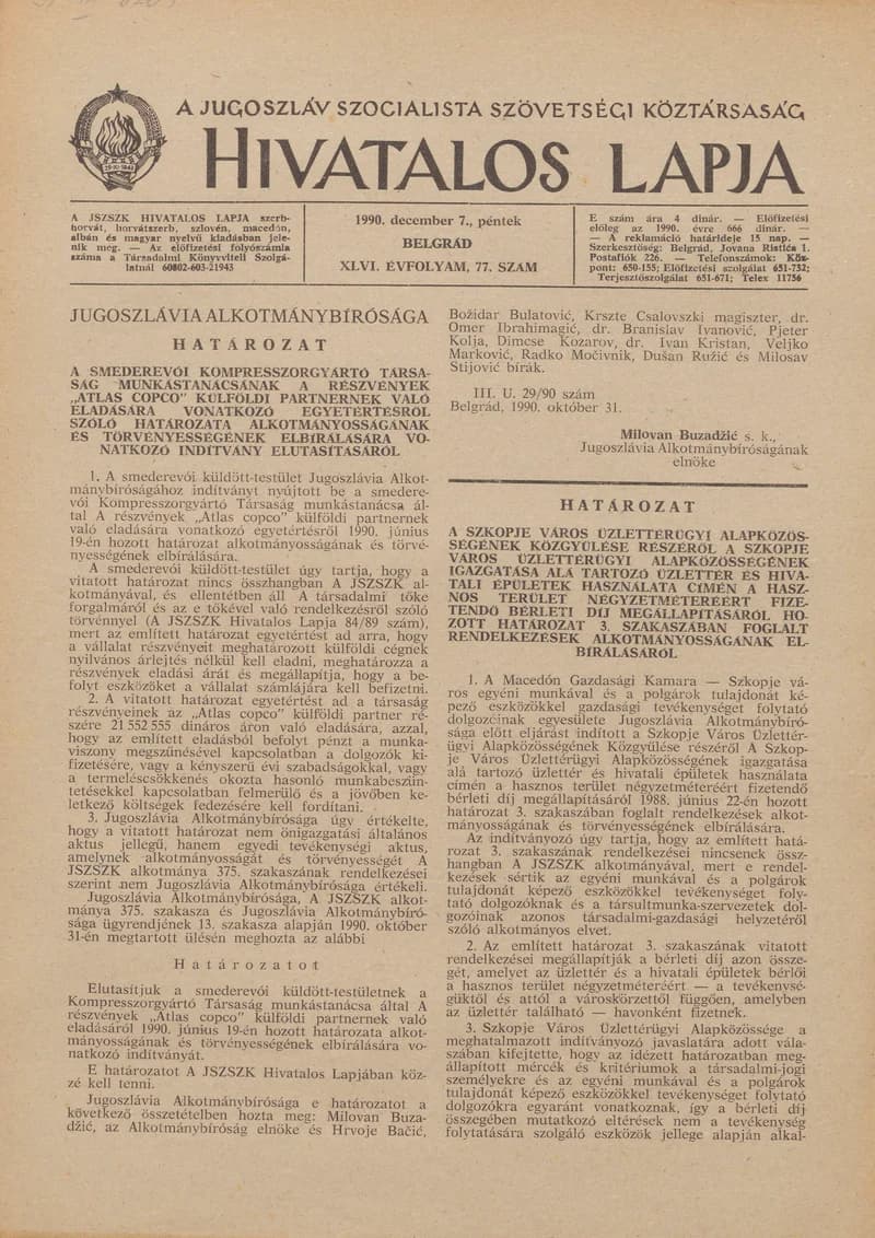 A Jugoszláv Szocialista Szövetségi Köztársaság Hivatalos Lapja, 46. évf. 1990. december 7. 77. sz. 2229–2232. oldal