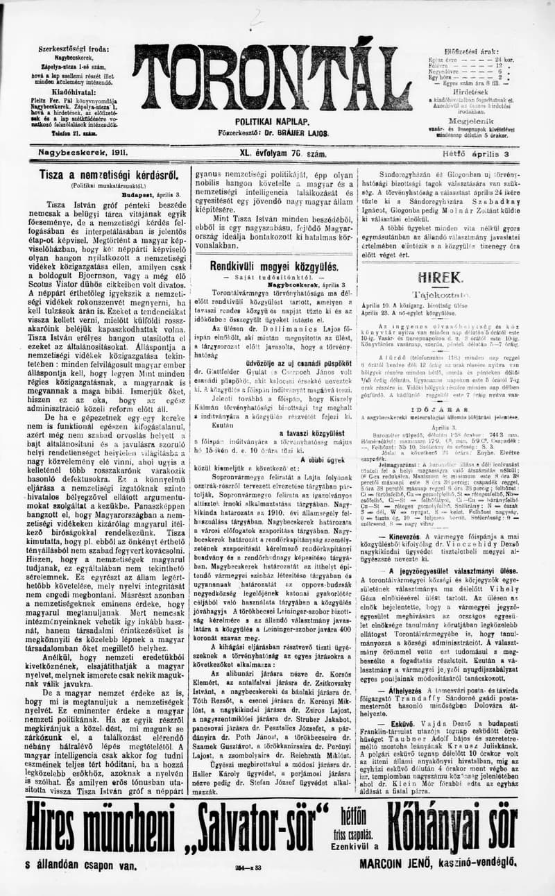 Torontál, 40. évf. 1911. április 3. 76. sz.