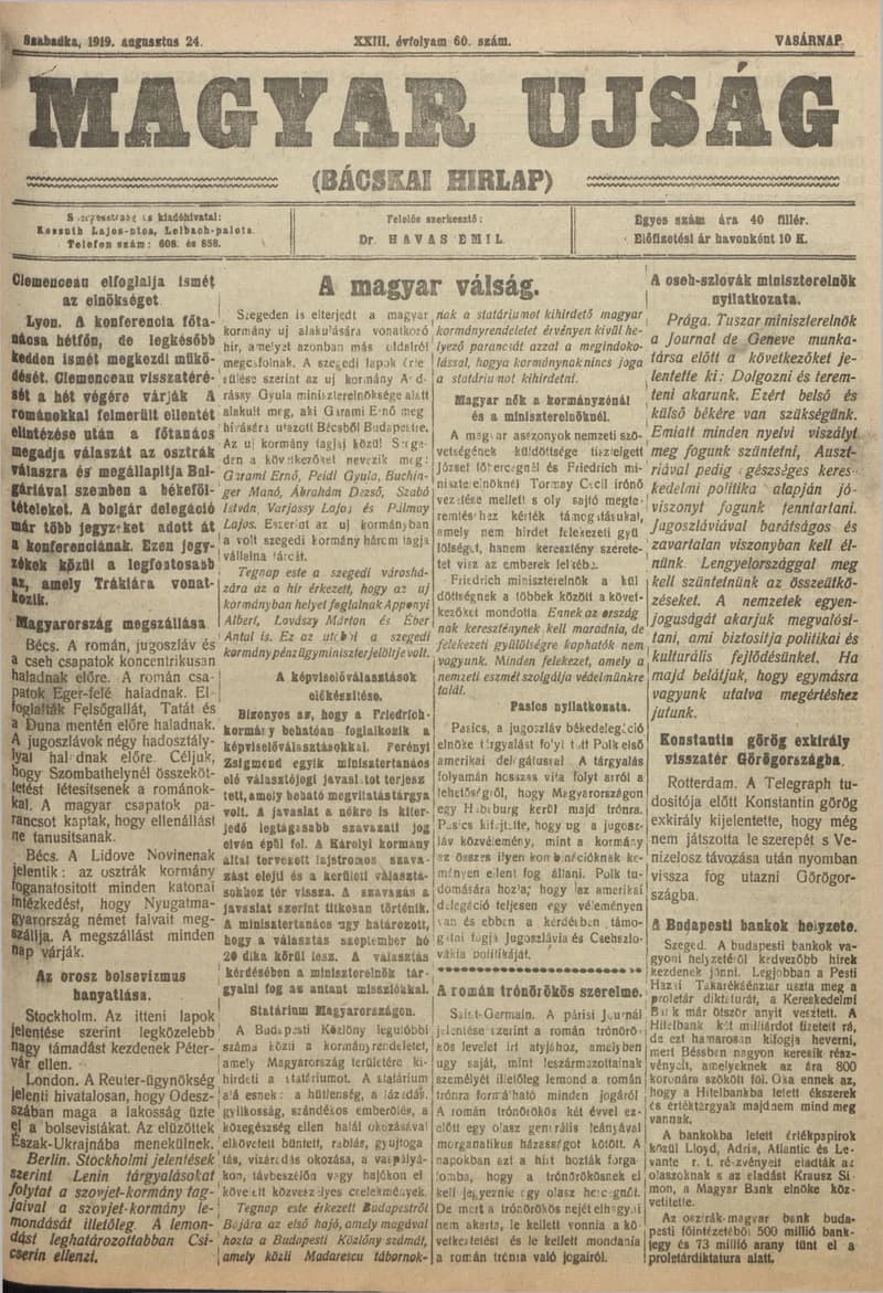 Bácskai Hirlap, 23. évf. 1919. augusztus 24. 60. sz.