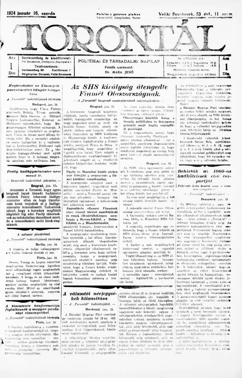 Torontál, 53. évf. 1924. január 16. 11. sz.