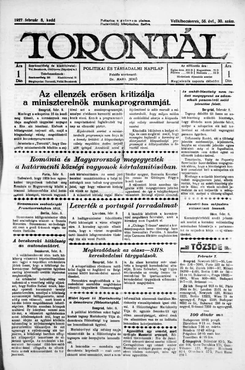 Torontál, 56. évf. 1927. február 8. 30. sz.