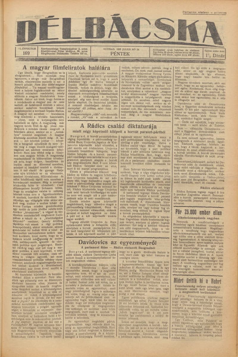 Délbácska, 6. évf. 1925. július 24. 169. sz.