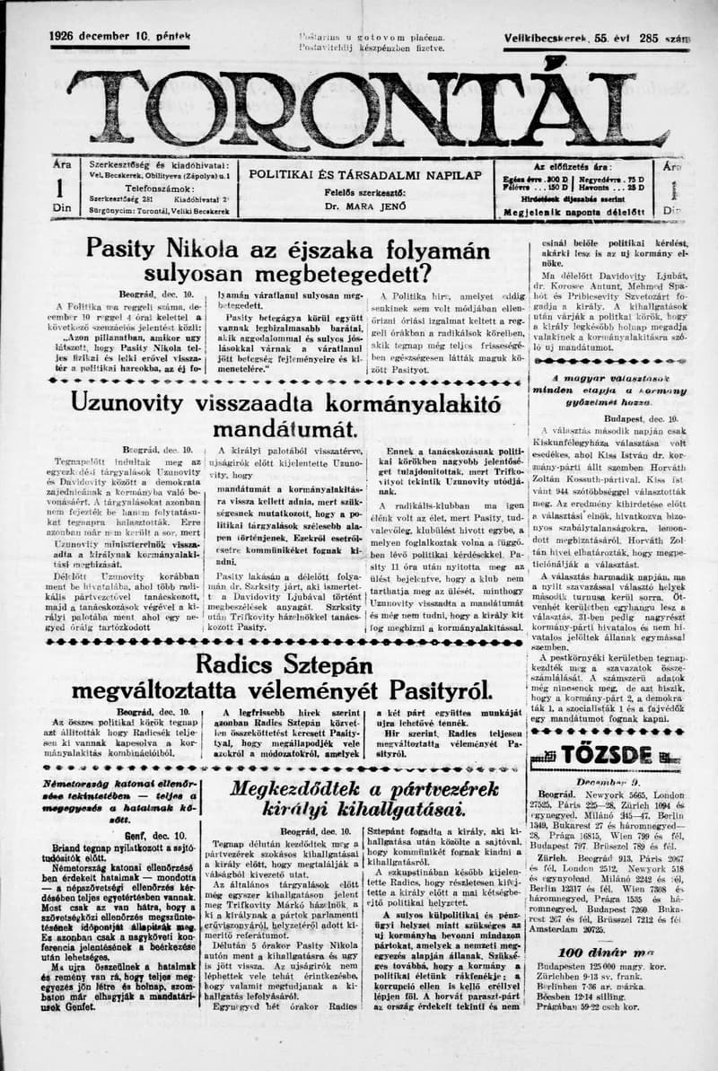 Torontál, 55. évf. 1926. december 10. 285. sz.