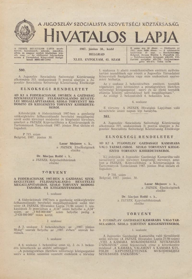 A Jugoszláv Szocialista Szövetségi Köztársaság Hivatalos Lapja, 43. évf. 1987. június 30. 43. sz. 1085–1088. oldal