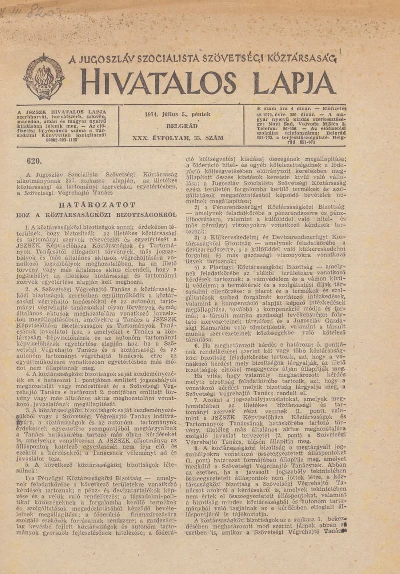 A Jugoszláv Szocialista Szövetségi Köztársaság Hivatalos Lapja, 30. évf. 1974. július 5. 33. sz. 1141–1156. oldal