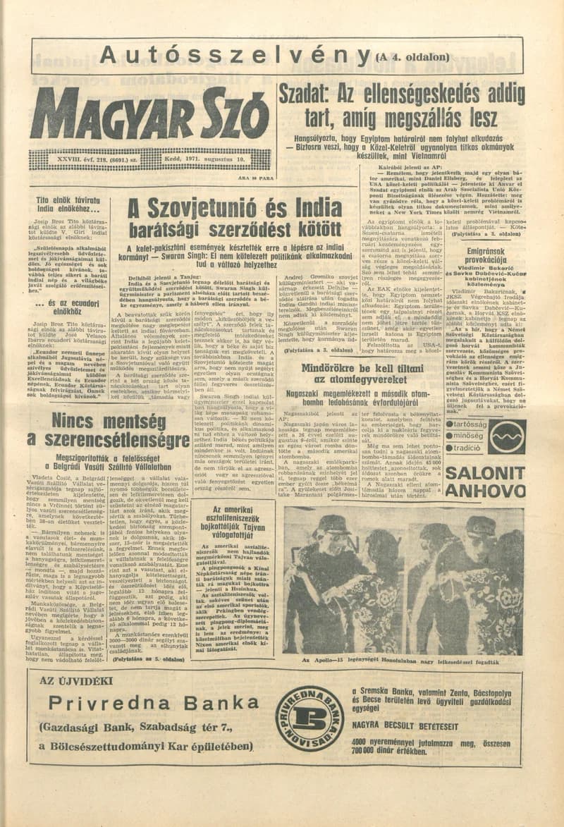 Magyar Szó, 28. évf. 1971. augusztus 10. 218. sz. 1–12. oldal