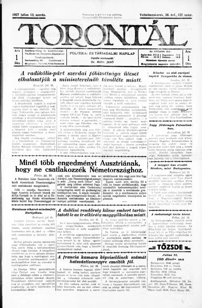 Torontál, 56. évf. 1927. július 13. 157. sz.
