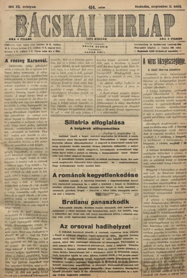 Bácskai Hirlap, 20. évf. 1916. szeptember 11. 414. sz.