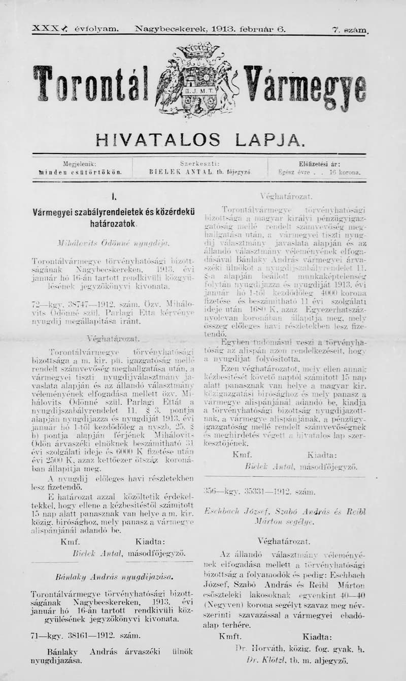 Torontál Vármegye Hivatalos Lapja, 29. évf. 1913. február 6. 7. sz.