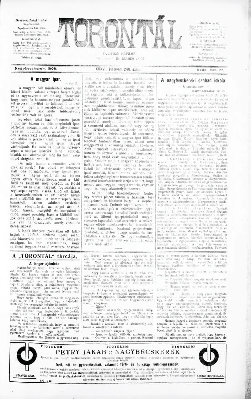Torontál, 37. évf. 1908. október 27. 246. sz.