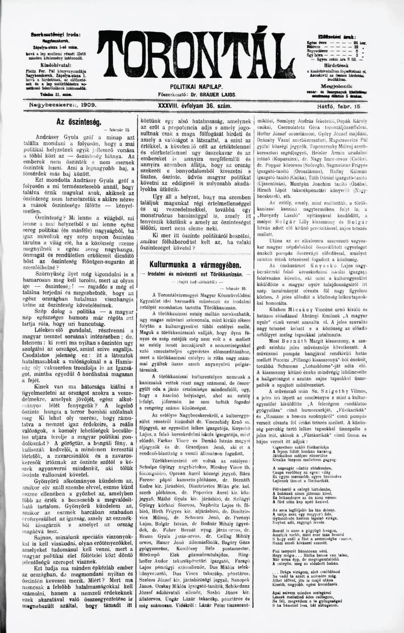 Torontál, 38. évf. 1909. február 15. 36. sz.