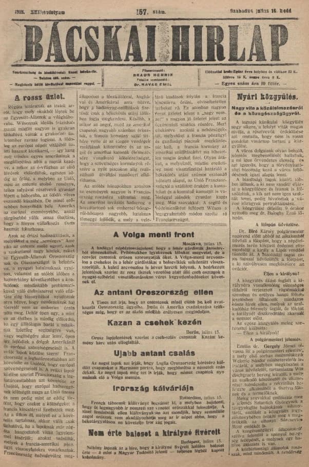 Bácskai Hirlap, 22. évf. 1918. július 16. 157. sz.